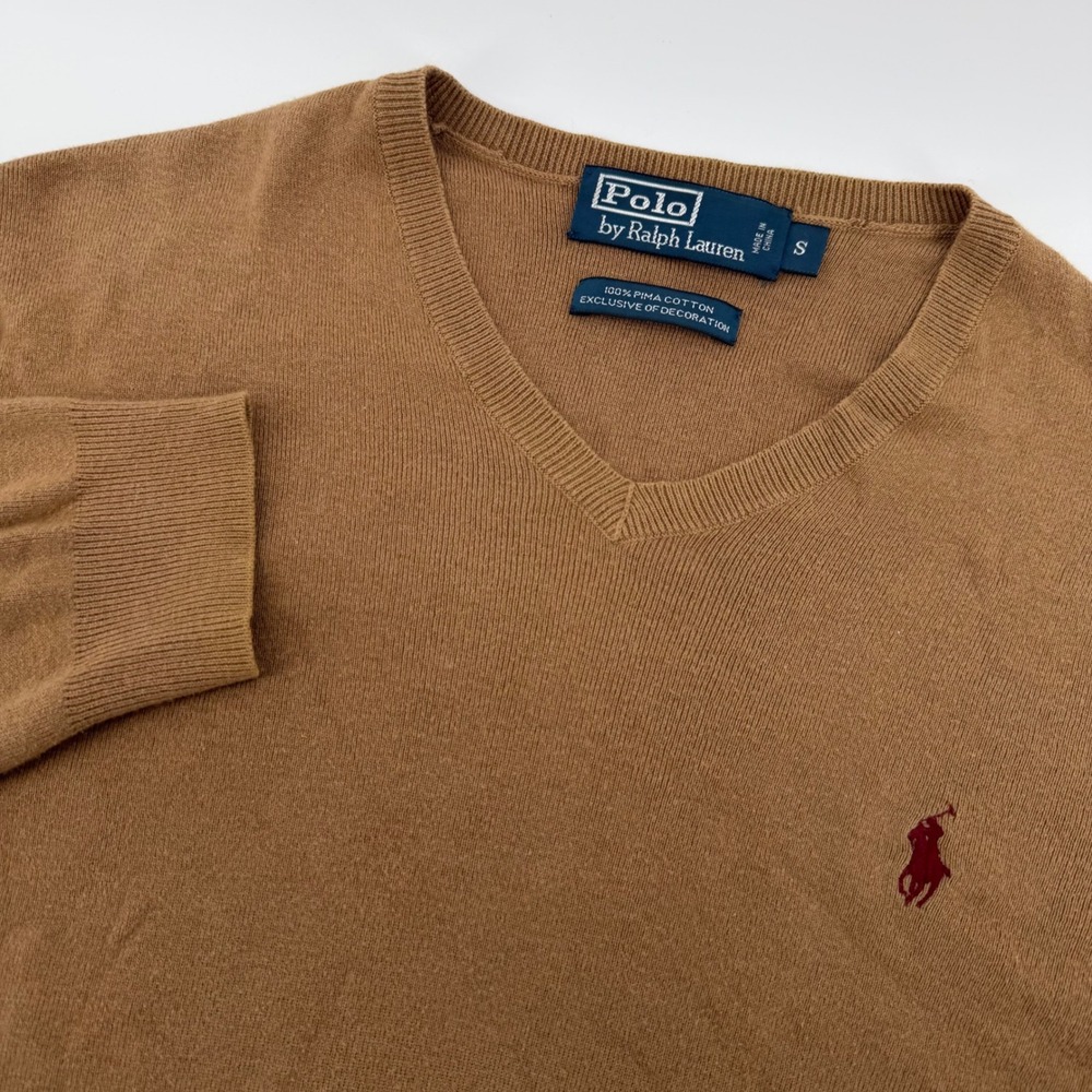 Polo Ralph Lauren V-Neck Sweater Mens S Brown Pima Cotton‎ Pony Logo